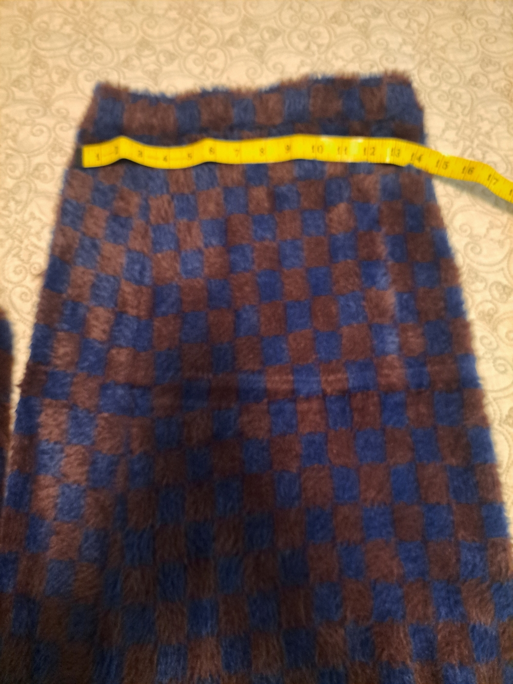 Tres Blue and Brown Checkered Fuzzy Cardigan Sweater And Pencil Skirt - Picture 3 of 5